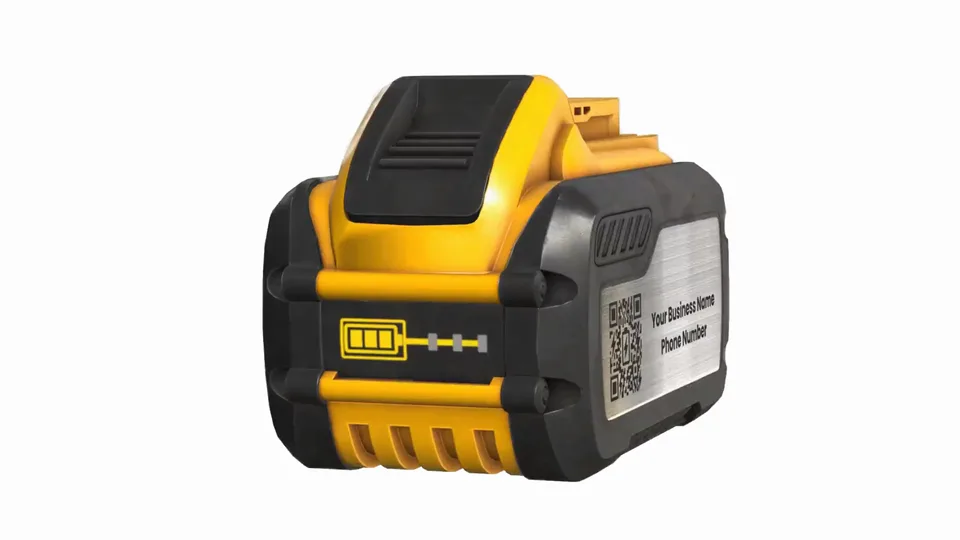 A rotating 3D render of Lithi's original yellow-and-black smart power-tool battery, showing its owner plate and QR code.