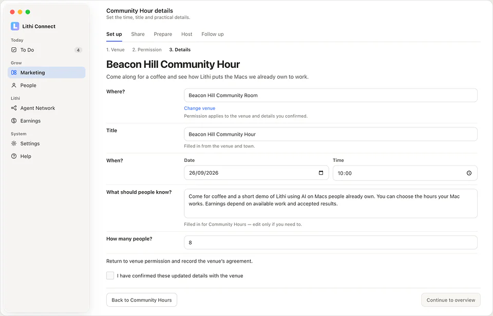 Sample Community Hour details form with the venue, title, date, time, description and number of places.