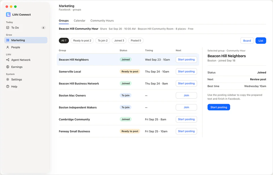 Sample Facebook workspace listing local groups with their membership status and suggested posting times.