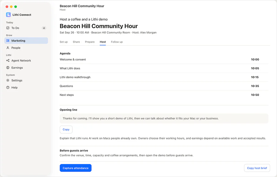 Sample Community Hour host screen with the agenda, an opening line to copy and attendance controls.