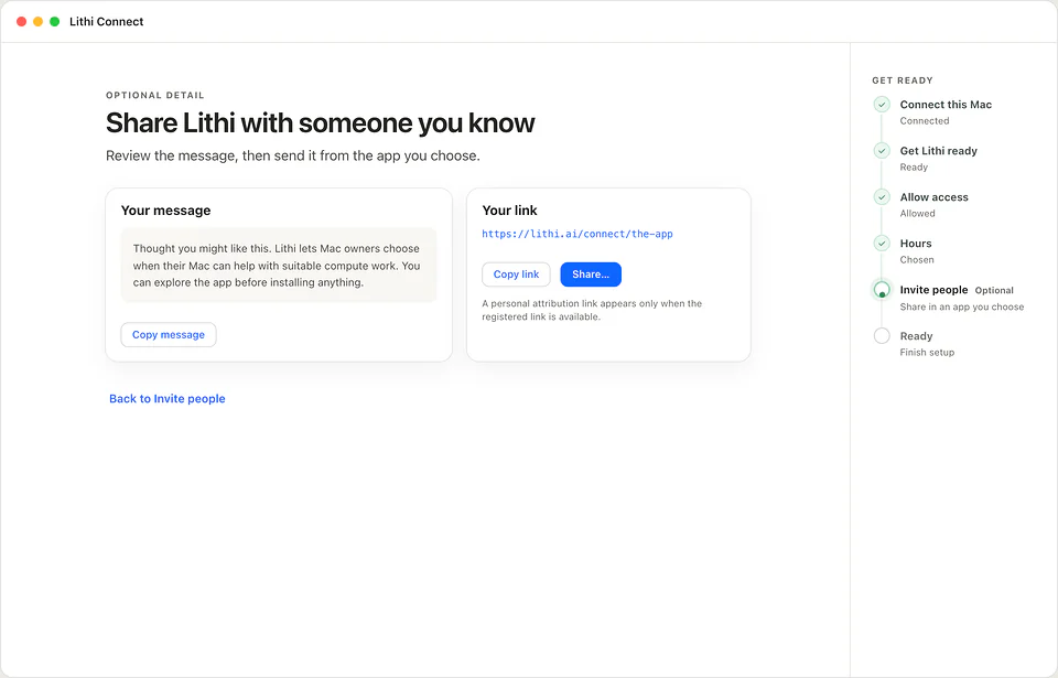 Sample Share Lithi screen with a prepared message, a link to copy and the Share button.