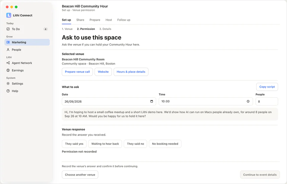 Sample venue permission screen with a prepared call script and buttons to record the venue’s answer.