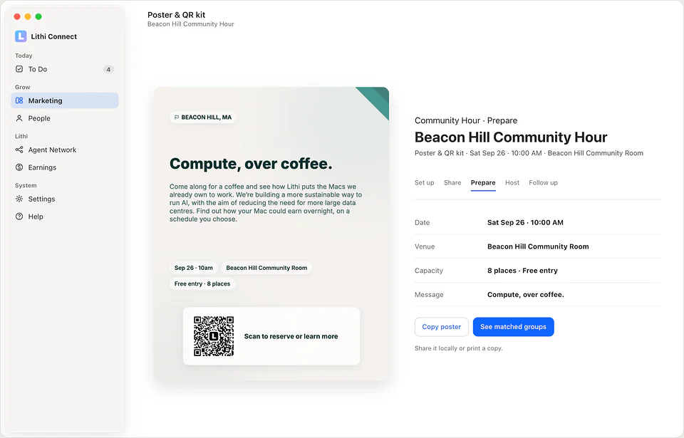 Sample Poster and QR kit showing the Compute, over coffee poster with its Lithi QR code beside the event details.