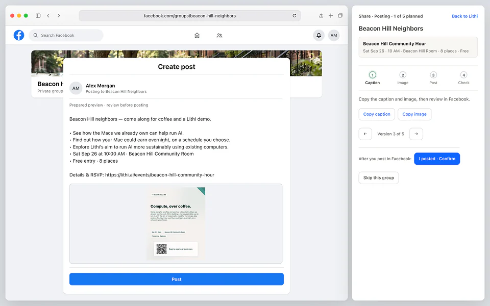 Sample Facebook composer beside the Lithi Safari Companion with caption versions, poster and copy controls.