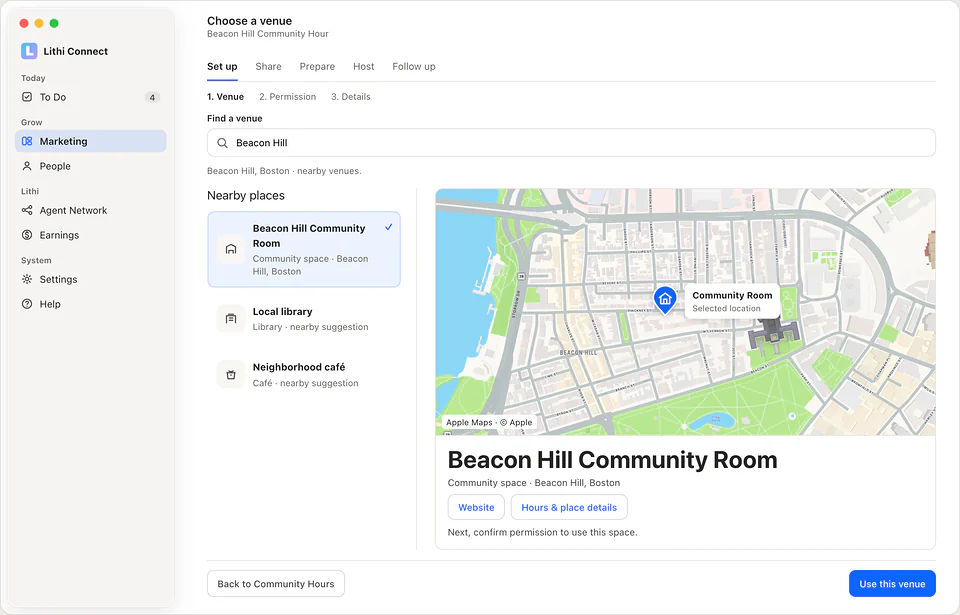 Sample Community Hour venue picker showing nearby places and a map of the selected community room.