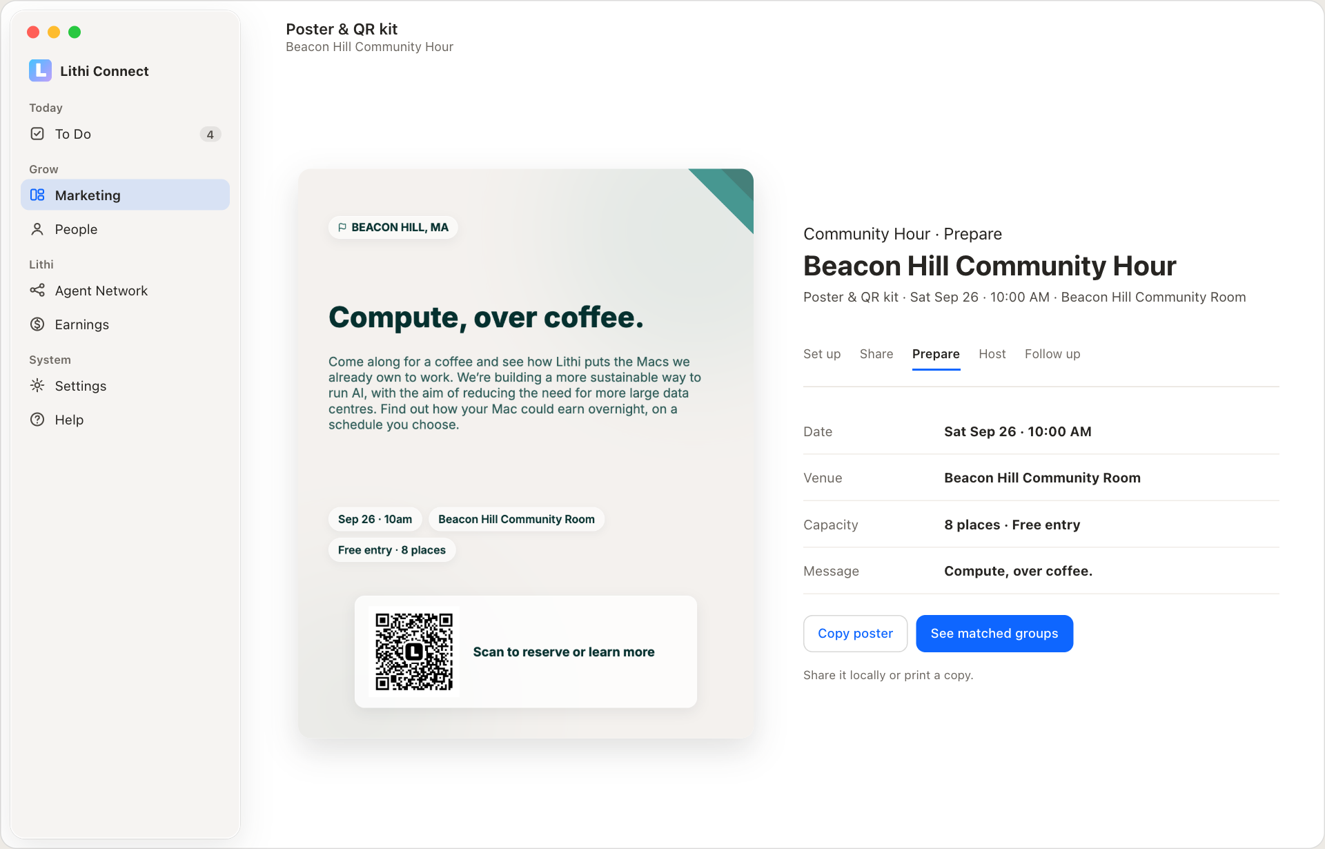 Lithi Poster & QR kit showing the Compute, over coffee invitation, event details and a custom L QR labeled Scan to reserve or learn more.