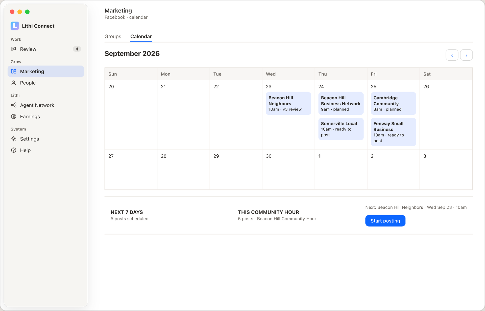 Fictional sample Facebook Calendar showing five planned Community Hour posts from Wednesday, September 23 through Friday, September 25 before the event