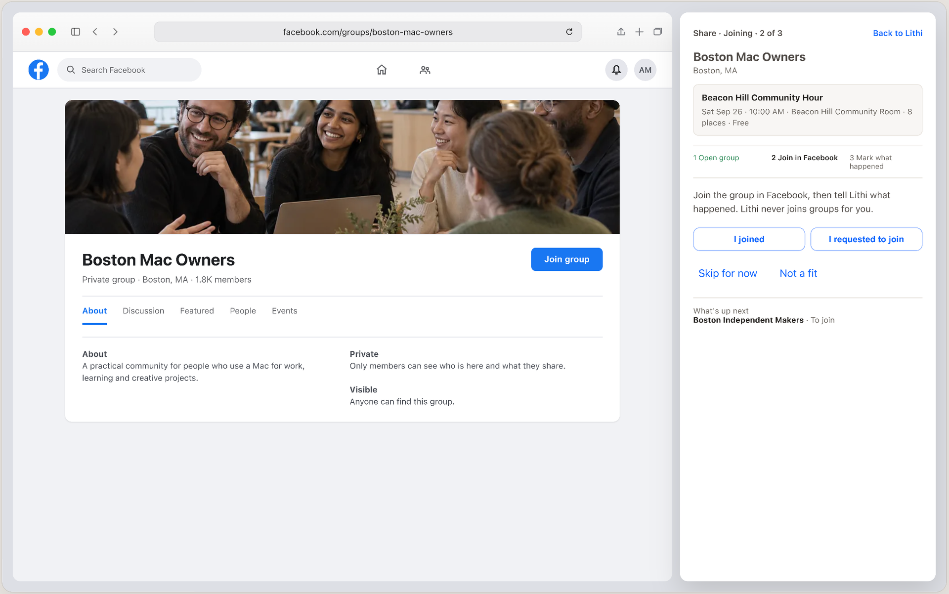 Fictional sample Facebook joining screen for Boston Mac Owners showing Join group, I joined, I requested to join, Skip for now and Not a fit