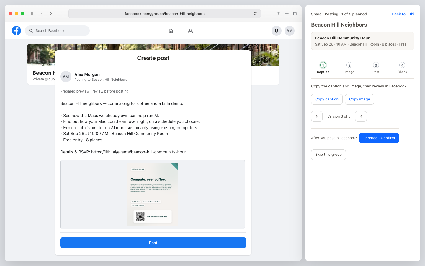 Facebook post composer in Safari beside Lithi with the selected caption, full glass poster, version arrows, copy controls and posting confirmation.