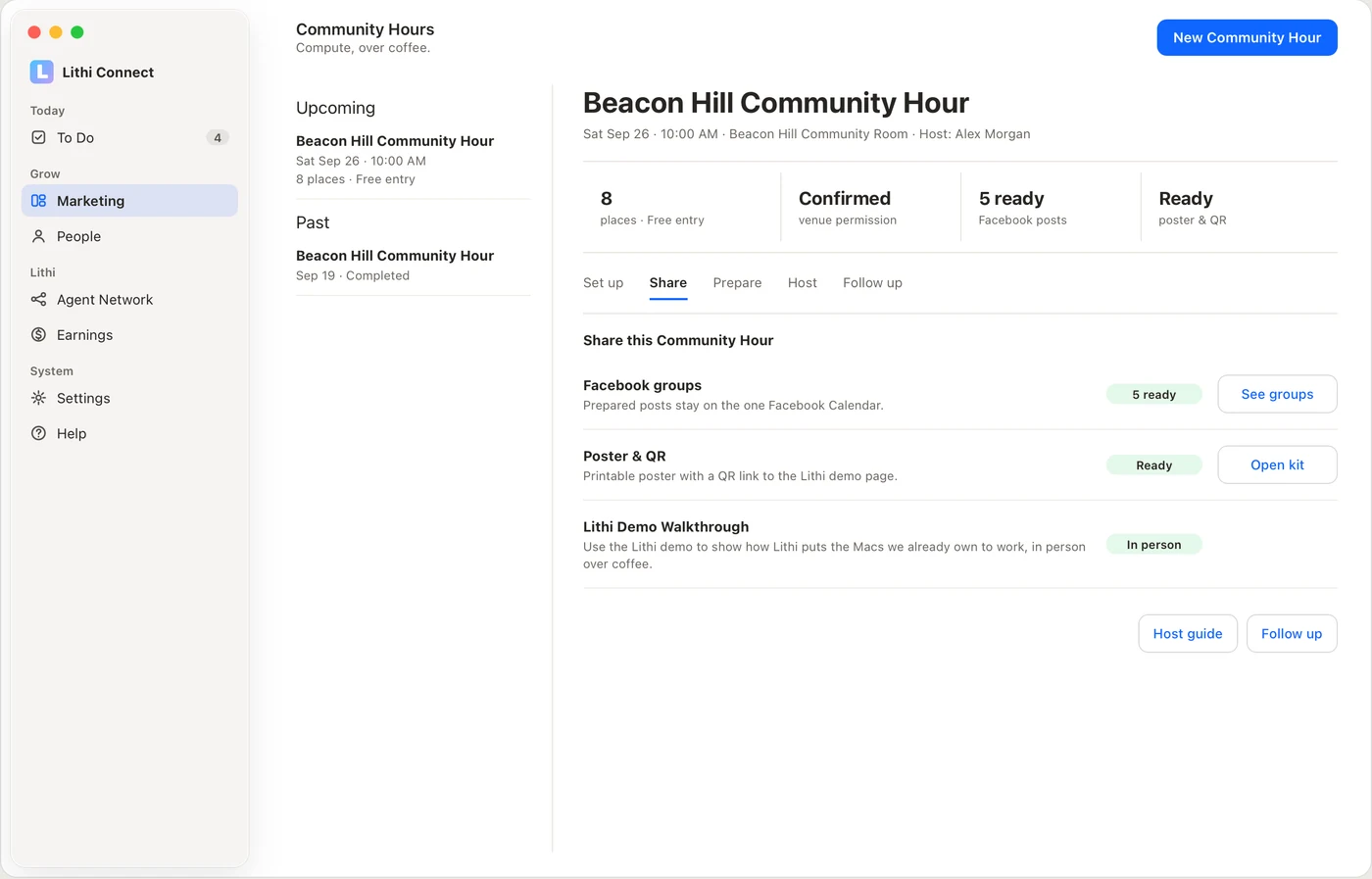Lithi Connect Community Hour sharing screen with venue permission, prepared Facebook posts, a poster and QR code, and host and follow-up actions.