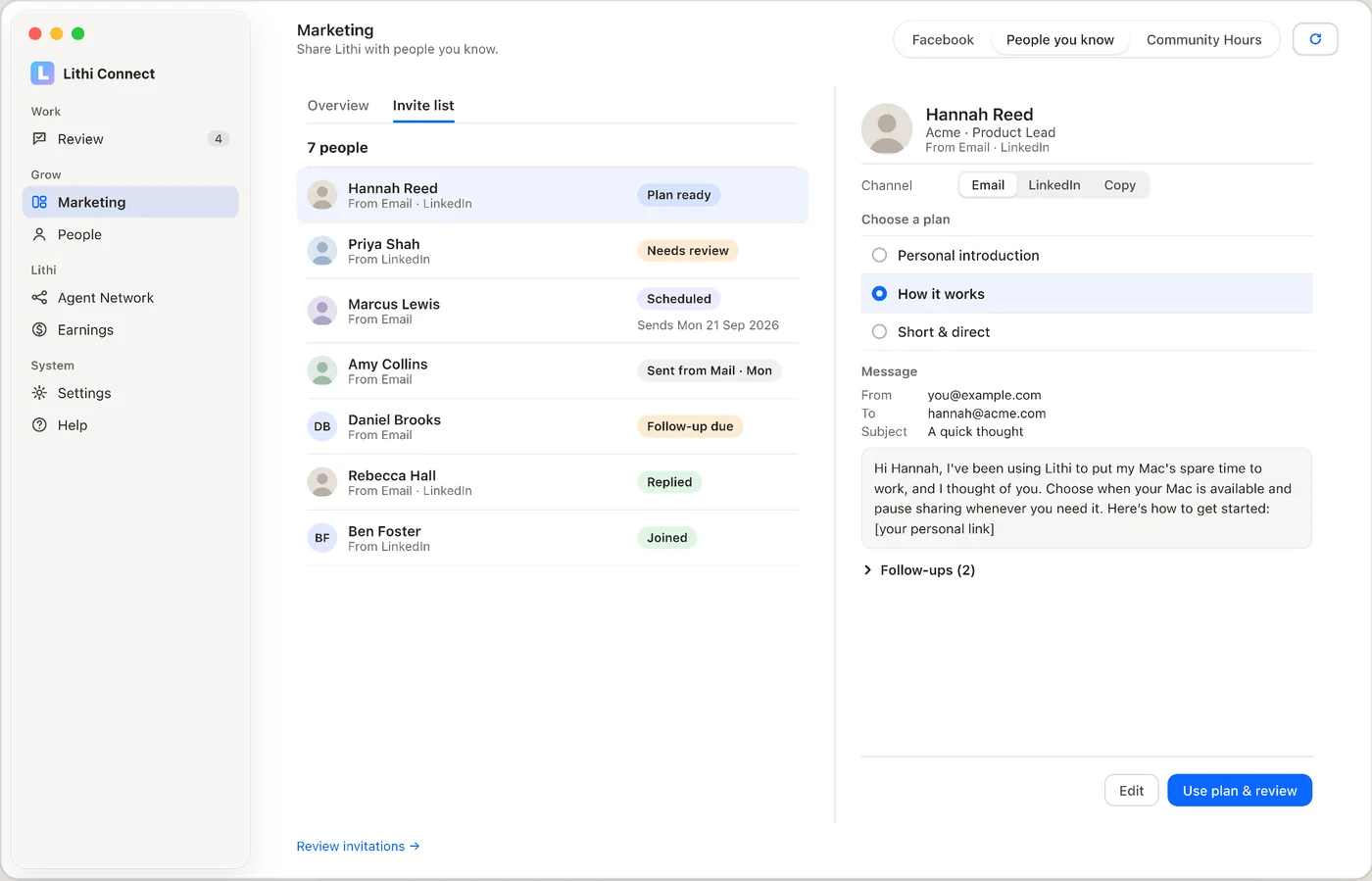Lithi Connect email invitation plan with a contact list, message preview and review action.