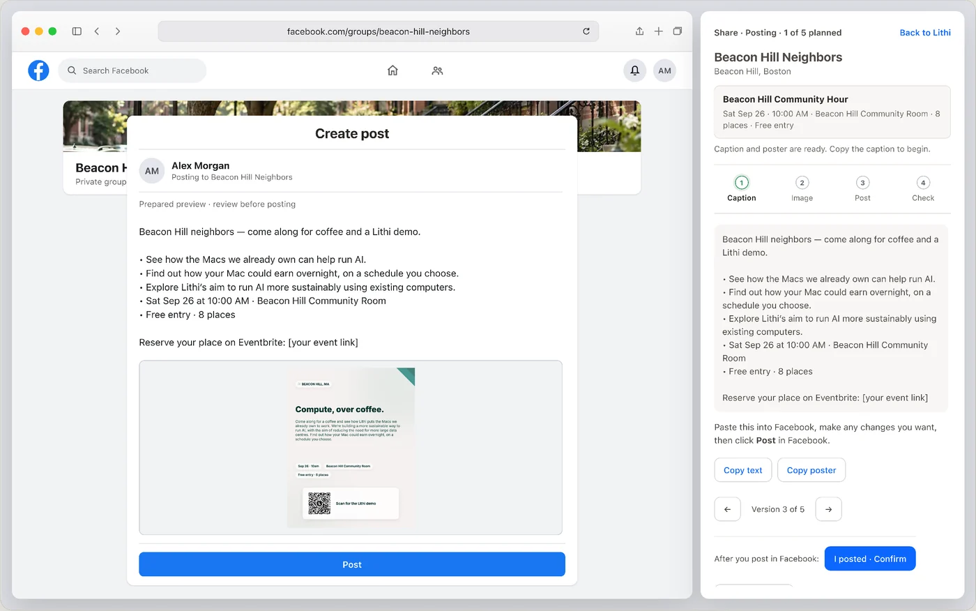 Facebook post preview in Safari beside Lithi’s caption, poster and posting checklist.