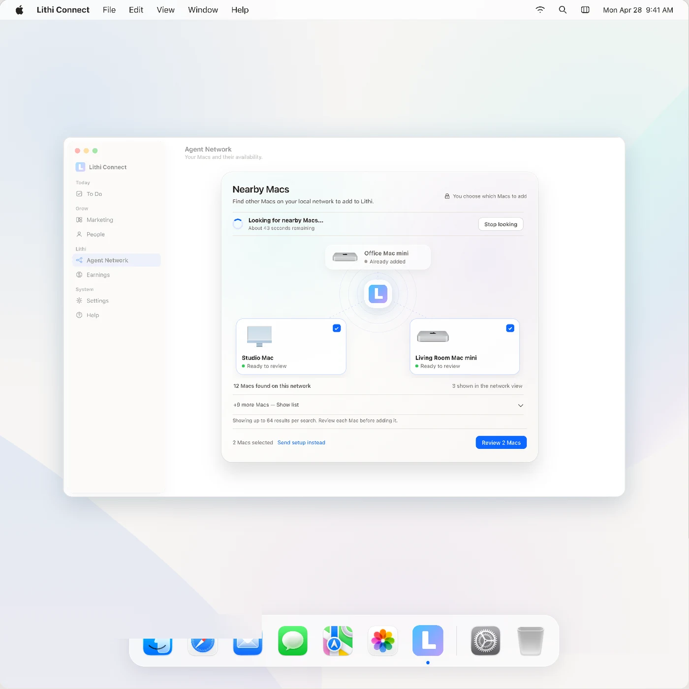 Lithi Connect on a Mac desktop, showing a local network scan with nearby Macs selected for review and an option to send setup instructions.